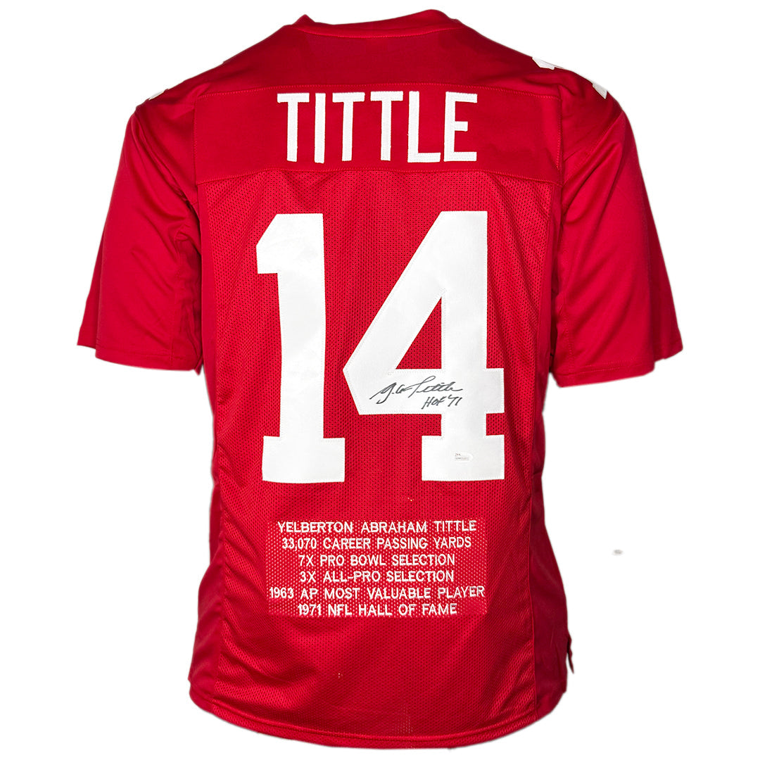 Y.A. Tittle Signed Hof 71 Inscription New York Red Stats Football Jersey (Jsa)