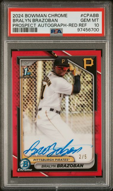Baseball Bowman Bralyn Brazoban 2024 1st Bowman Chrome Autograph Red Ref. #'D 2/5 PSA 10
