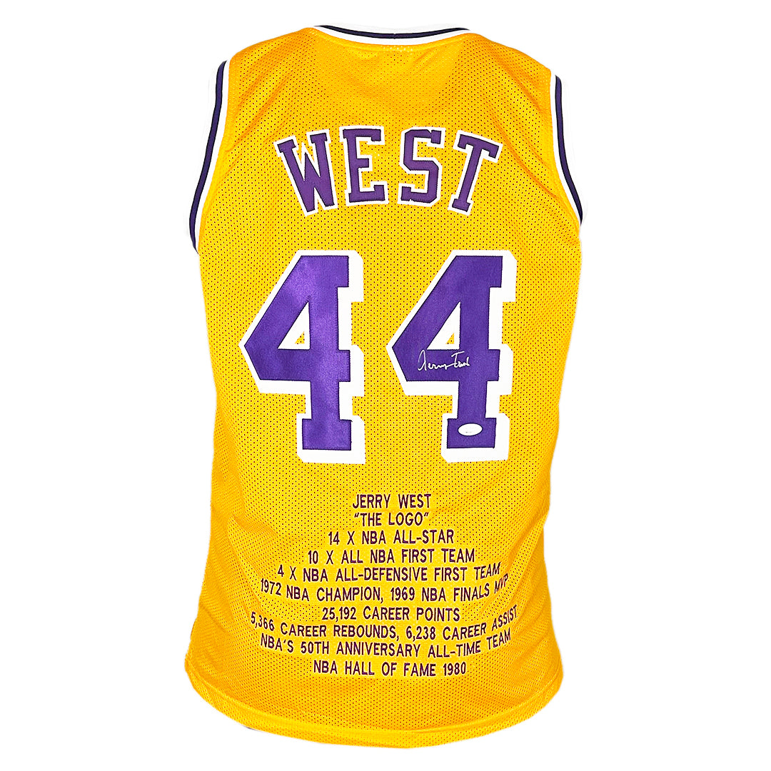 Jerry West Signed Los Angeles Yellow Throwback Stats Basketball Jersey (Jsa)