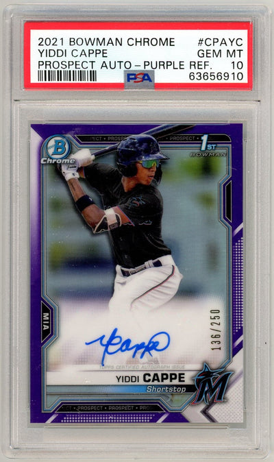 Baseball Bowman Yiddi Cappe 2021 Bowman Chrome 1st Bowman Auto Purple /250 PSA 10
